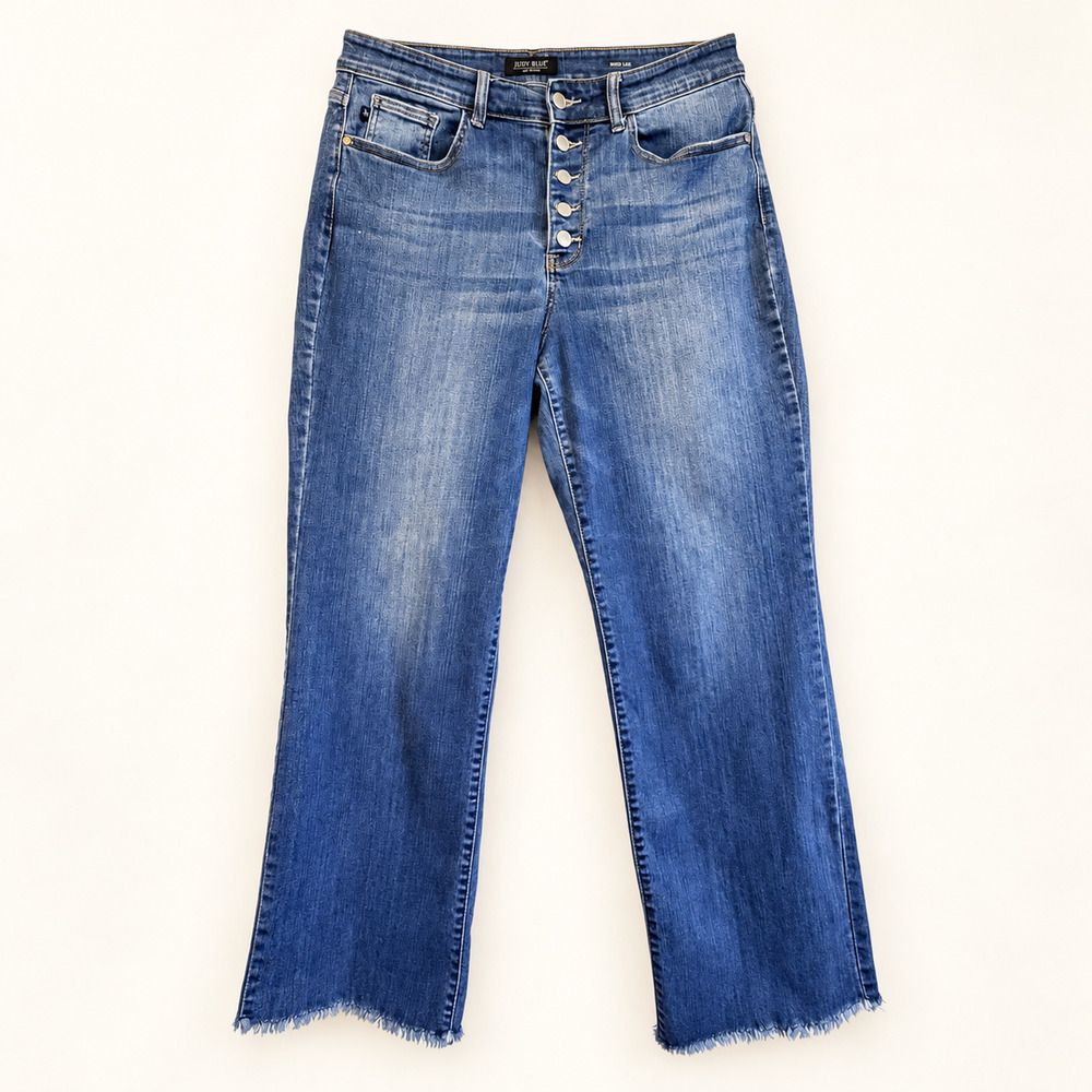 Judy Blue Wide Leg Crop Jeans 14W Medium Wash Button Fly Frayed Raw Hem Stretch